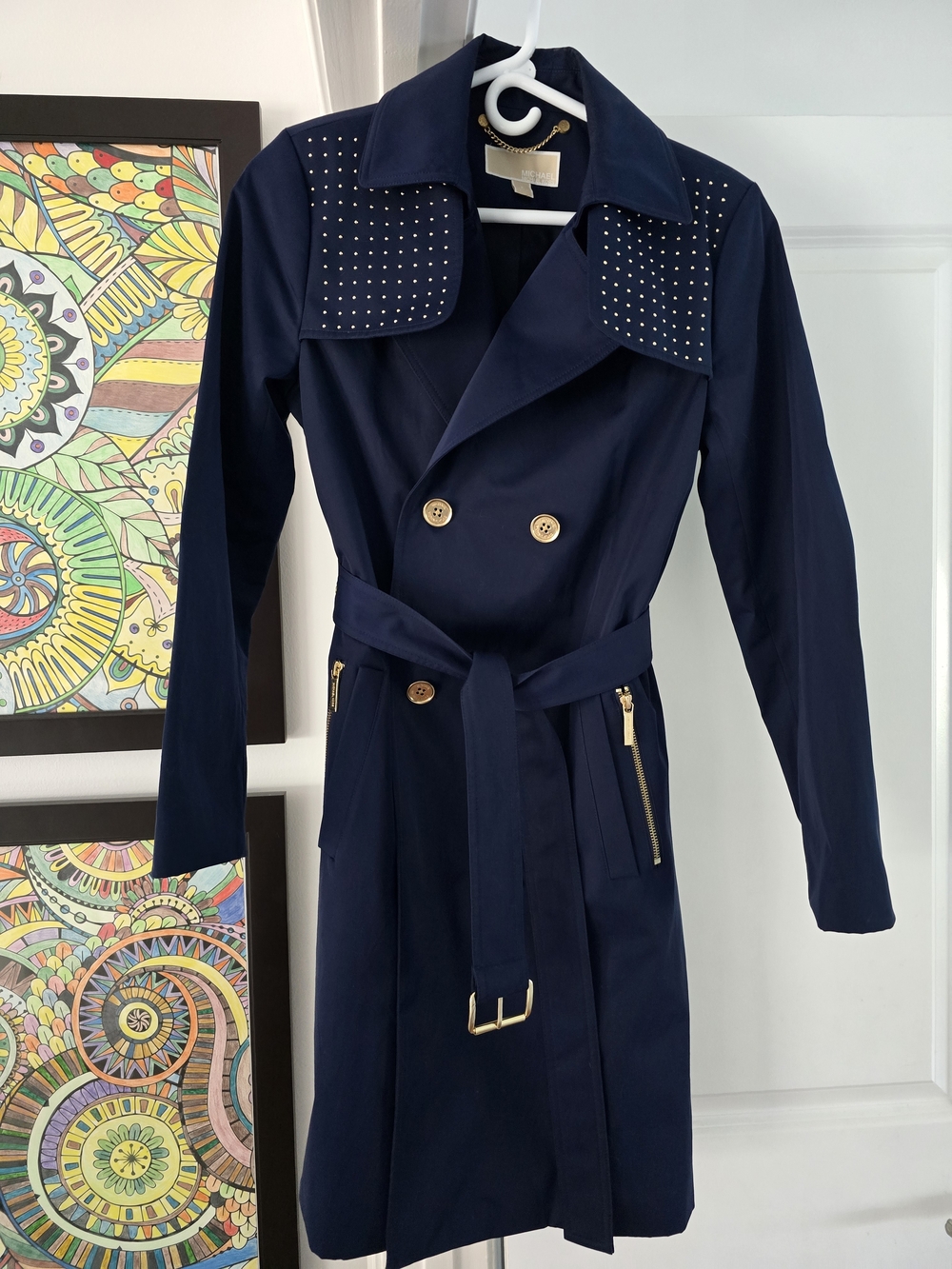 Michael Kors Navy Trench Coat with Studded Collar and Gold Hardware